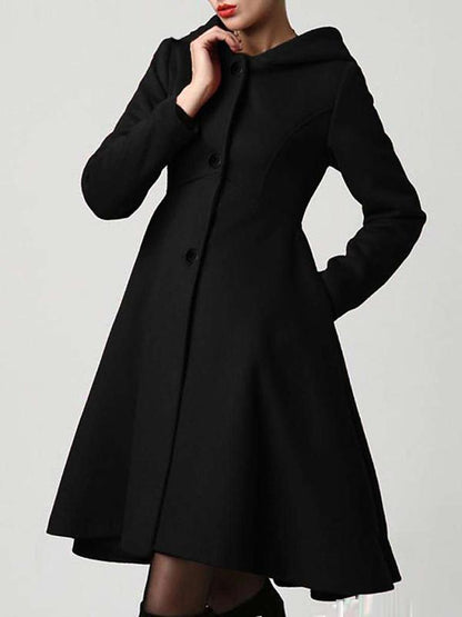 Seindeal Pockets long-sleeved elegant woolen coat with hood women flared winter coat outwear