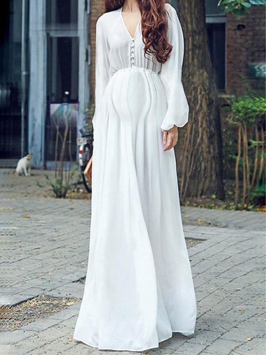 Solid Fluid Buttoning Flowy  Long Elegant Sleeve White Baby Shower Dress