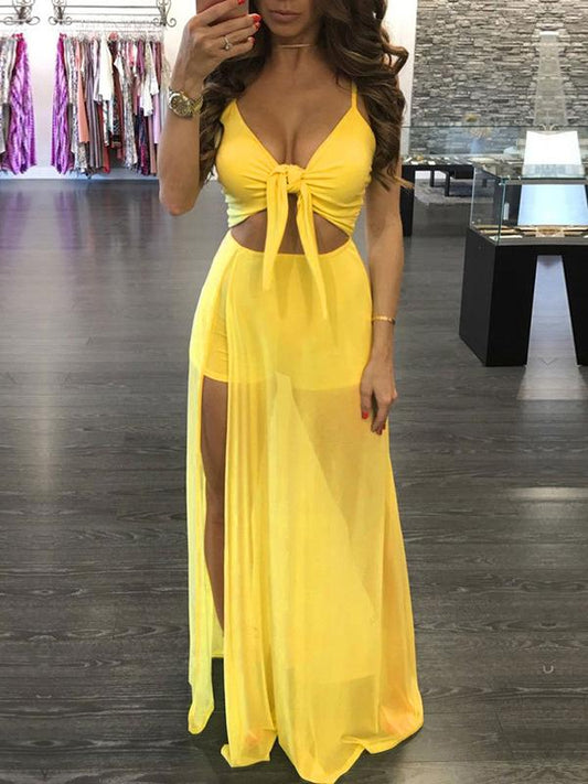 Solid Bowknot Slit Cut Out Flowy Floor Length Plunging Neckline Maternity Maxi Dress