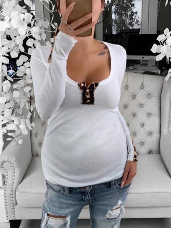 Leopard Buttons Scoop Neck Long Sleeve Honey Girl Maternity T-Shirt