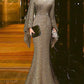Pleated fishtail round neck long sleeve women maxi dresses evening dress