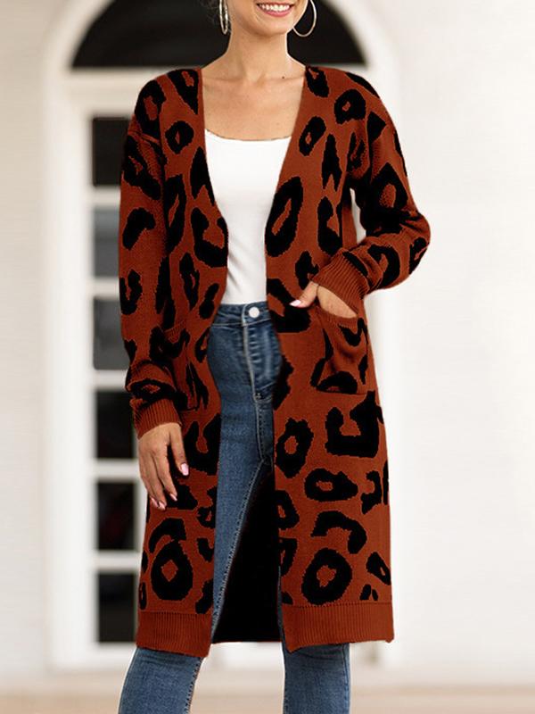 Leopard Pockets Long Sleeve Oversized Sweater Cardigan Coat