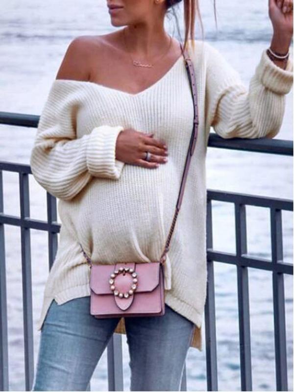 Seindeal Solid Color Crochet V-neck Long Sleeve Maternity Sweater