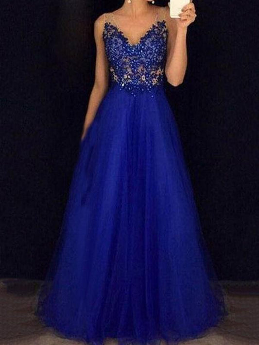 Seindeal Blue Beaded Mesh Backless V Neck Sleeveless Maxi Dress Evening Dress Ball Gown