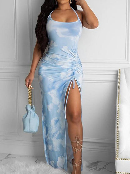 Halter Neck Side Slit Belt Maternity For BabyShower Maxi Dress