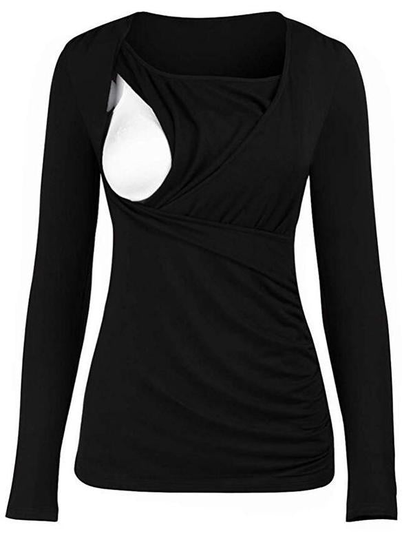 Solid Round Neck Draped Long Sleeve Nursing Maternity T-Shirt