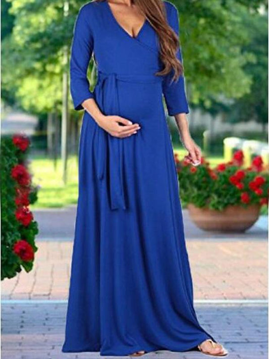 Seindeal Sashes V-neck Maxi Dress Maternity Baby Shower Fall Outfit for Banquet Elegant Party