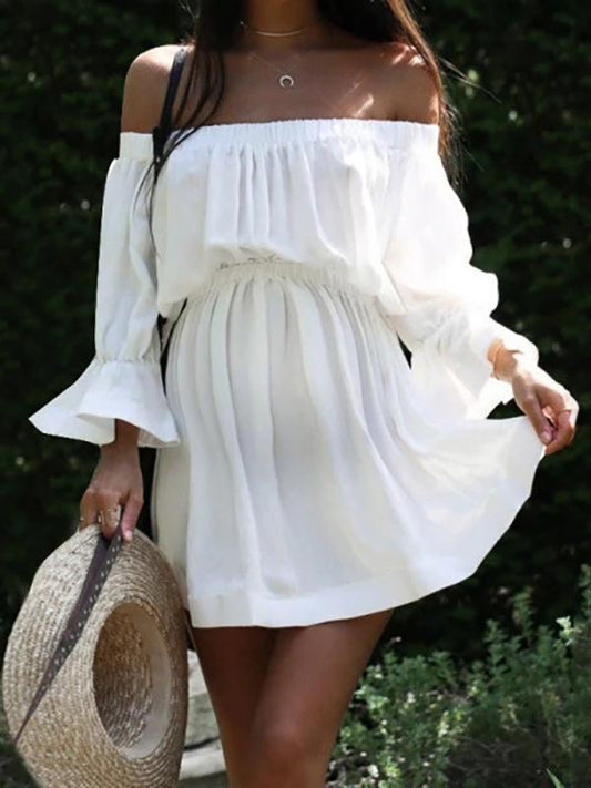 Solid Off Shoulder Ruffle High Waisted Long Sleeve Sweet Maternity Mini Dress