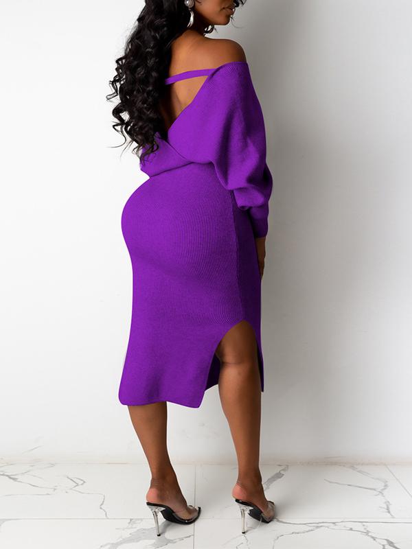 Solid Off Shoulder Bodycon Belt V-neck Long Sleeve Maternity Midi Dress