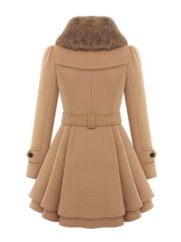 Double Breasted Faux Fur Turndown Collar Peplum Plus Size Wool Coat