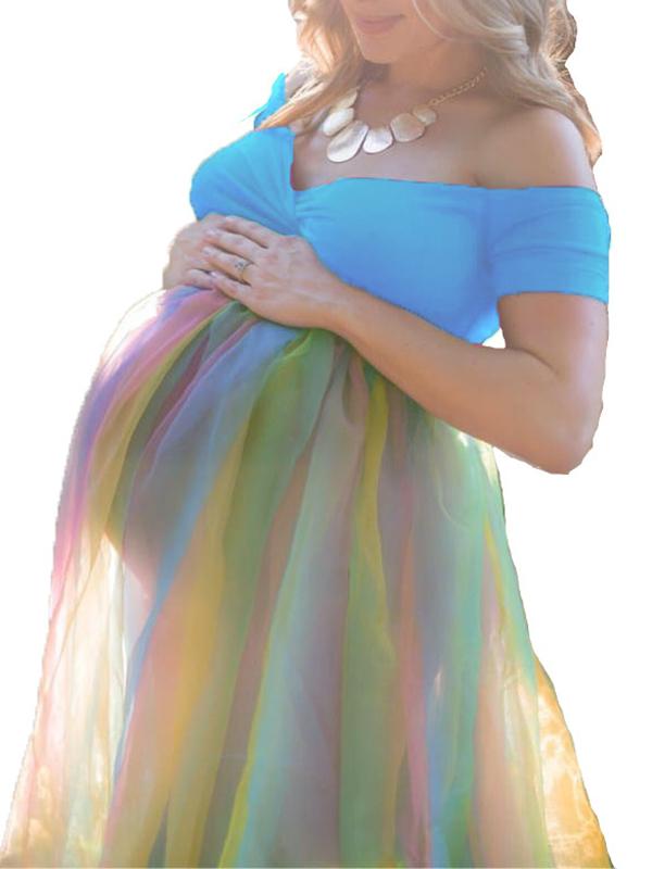 Off Shoulder Rainbow Mesh Baby Shower Maternity Photoshoot Maxi Dress