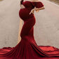 Seindeal Burgundy Ruffle Off Shoulder Mermaid Maternity Photoshoot Dress