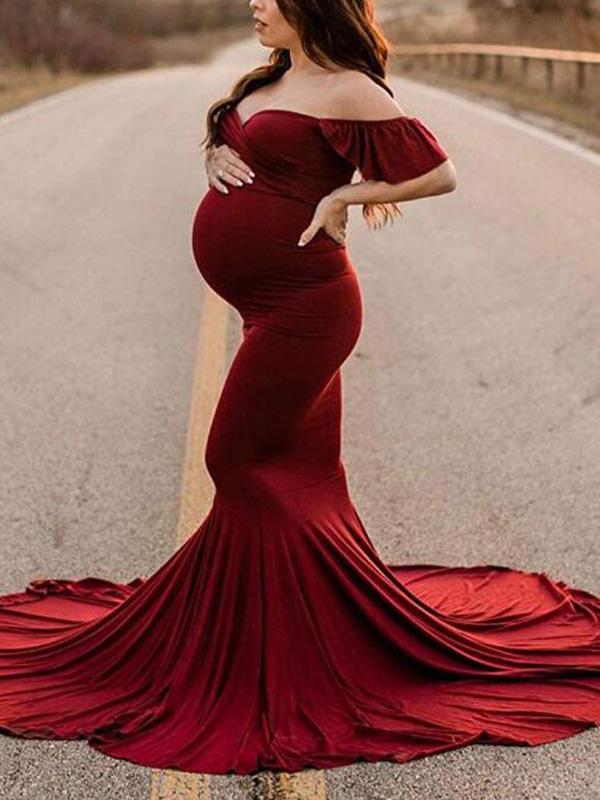 Seindeal Burgundy Ruffle Off Shoulder Mermaid Maternity Photoshoot Dress