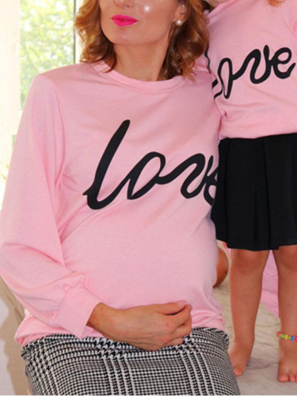 Seindeal Pink ‘LOVE’ Print  Long Sleeve Maternity T-Shirts