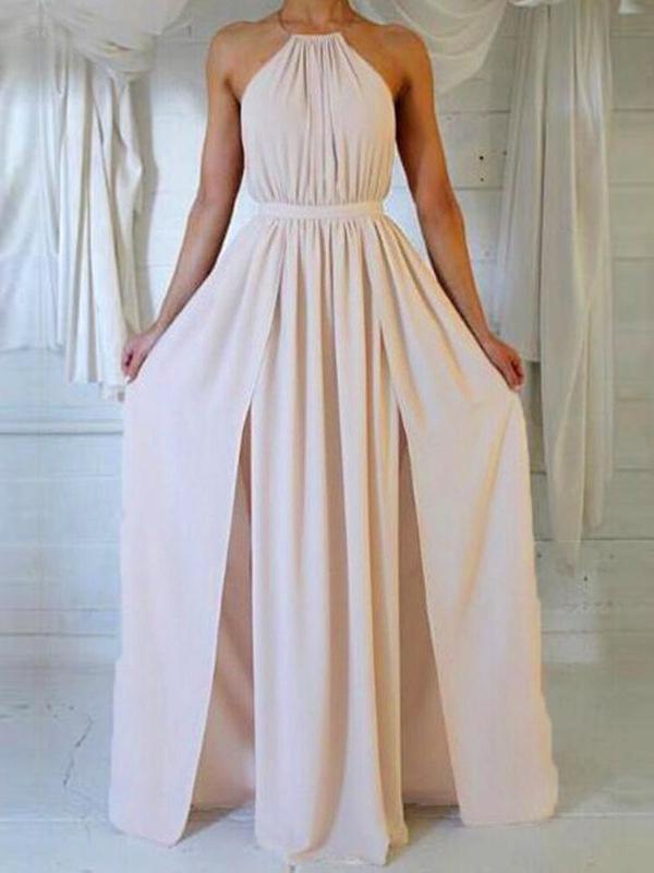 Solid Color Cut Out Slit Round Neck Sleeveless A-Line Maxi Dress Women Mod Elegant Dress