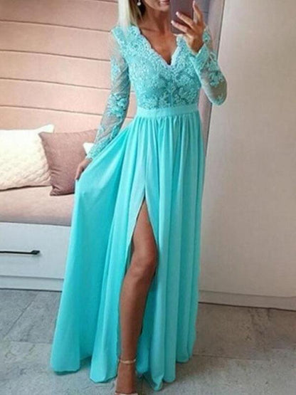 Lace Slit V Neck Long Sleeve Women Maxi Dresses Elegant Dress Lace Dress Evening Dress