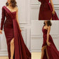 Patchwork One Shoulder Side Slit Long Sleeve Maxi Dress Women's Fashion Evening Dress