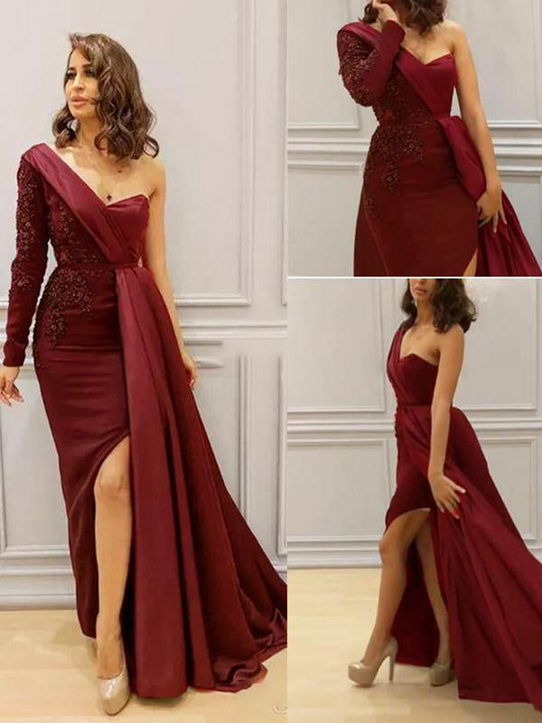 Patchwork One Shoulder Side Slit Long Sleeve Maxi Dress Women's Fashion Evening Dress