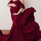 Seindeal Burgundy Ruffle Off Shoulder Mermaid Maternity Photoshoot Dress