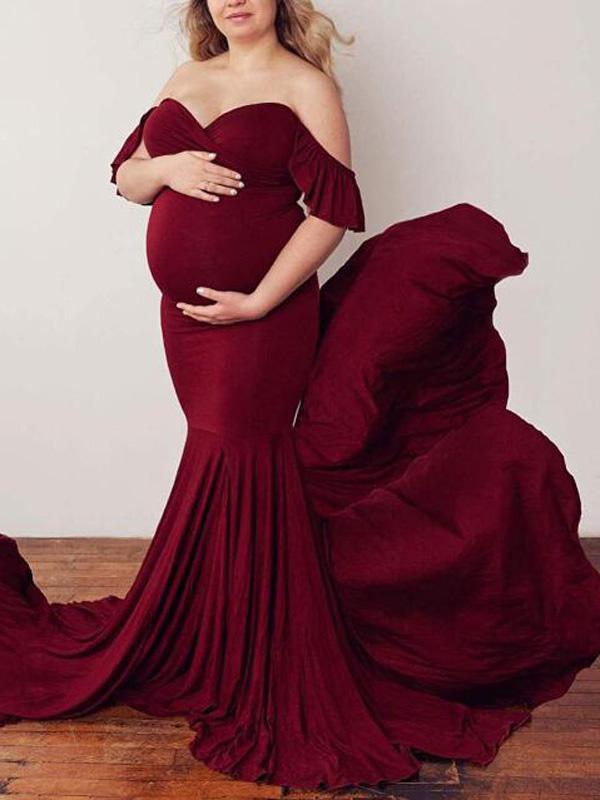 Seindeal Burgundy Ruffle Off Shoulder Mermaid Maternity Photoshoot Dress