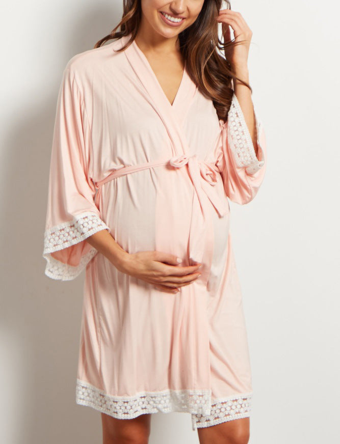 Seindeal Lace Nursing Nightdress Long Sleeve Maternity Pajama Kimono Sleepwear Dress