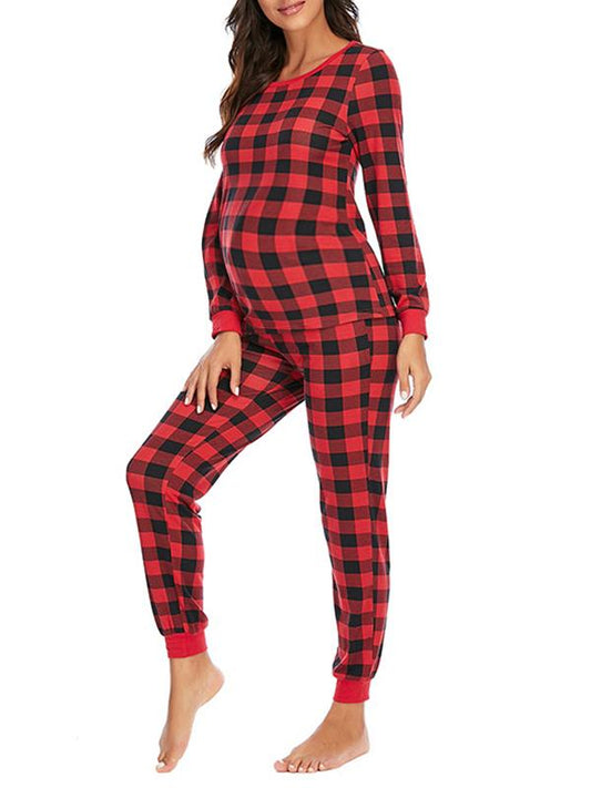 Buffalo Plaid Round Neck Long Sleeve Maternity Long Pajama Set