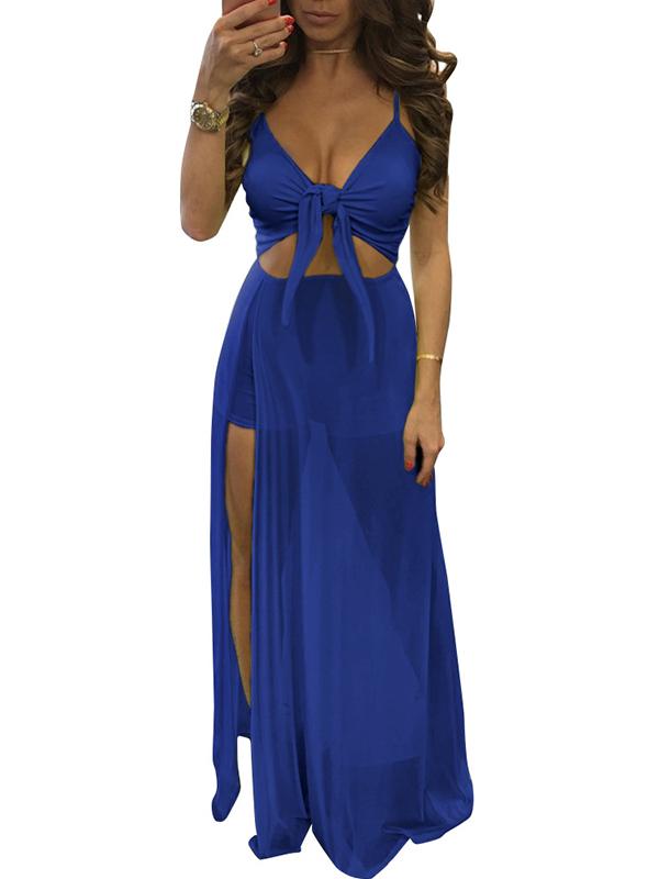 Solid Bowknot Slit Cut Out Flowy Floor Length Plunging Neckline Maternity Maxi Dress