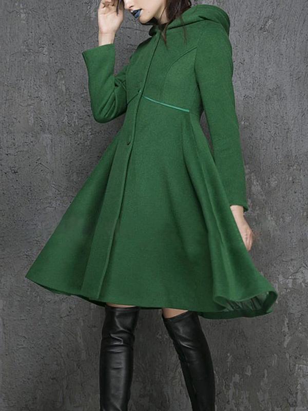 Seindeal Pockets long-sleeved elegant woolen coat with hood women flared winter coat outwear