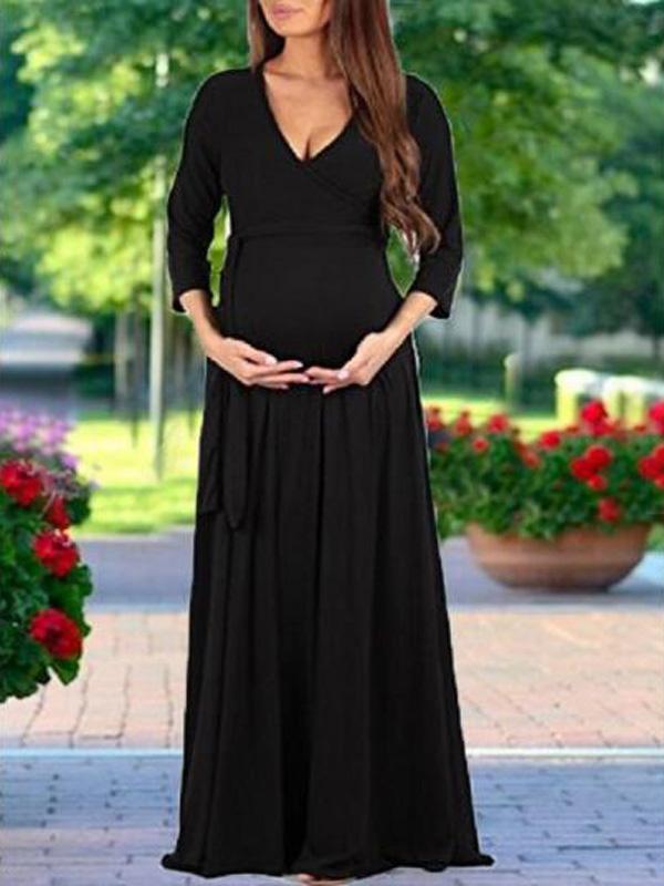 Seindeal Sashes V-neck Maxi Dress Maternity Baby Shower Fall Outfit for Banquet Elegant Party