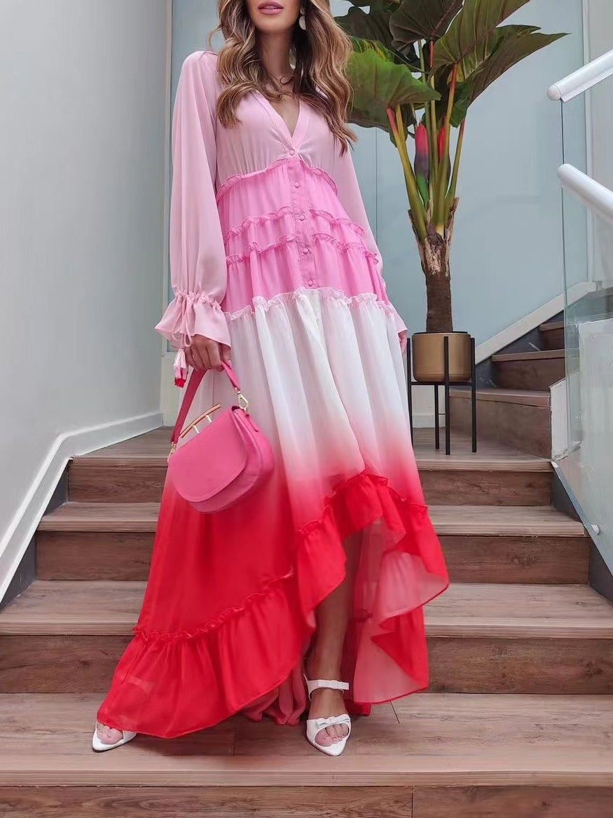 Gradient Color Ruffle Irregular Maternity For Babyshower Maxi Dress