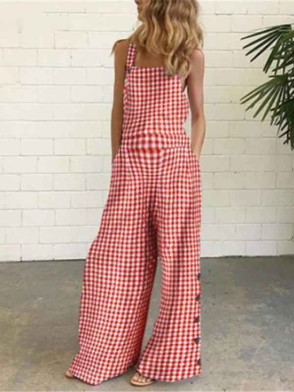 Plaid Buttons Pockets Shoulder-Strap Sleeveless Sweet Maternity Jumpsuit