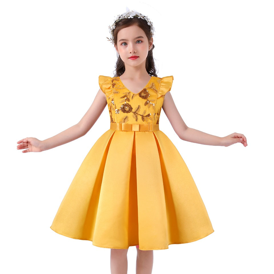 Girls Classical Dresses Sequin Elegant Puff Sleeve Ruffles for Kids Wedding Party Birthday 2-10Years