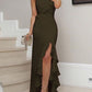 Solid Color Cross Side Slit Ruffle Sleeveless Maxi Dresses Women Party Dress Evening Dress