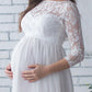 White Splicing Lace Draped Round Neck Elegant Maternity Dress Maxi Dress Evening Dress For Pregnant Women