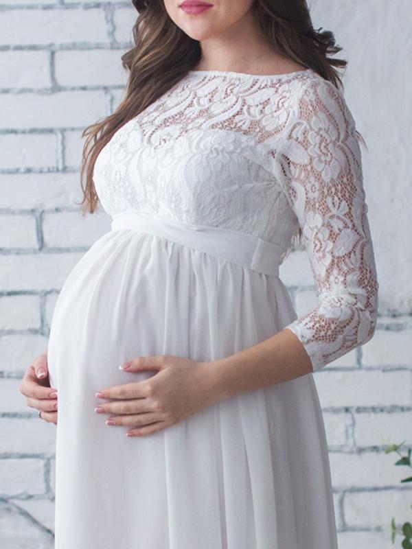 White Splicing Lace Draped Round Neck Elegant Maternity Dress Maxi Dress Evening Dress For Pregnant Women