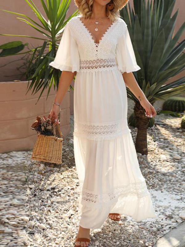 Patchwork Lace Deep V-neck Half Sleeve Bohemian Maternity Dress