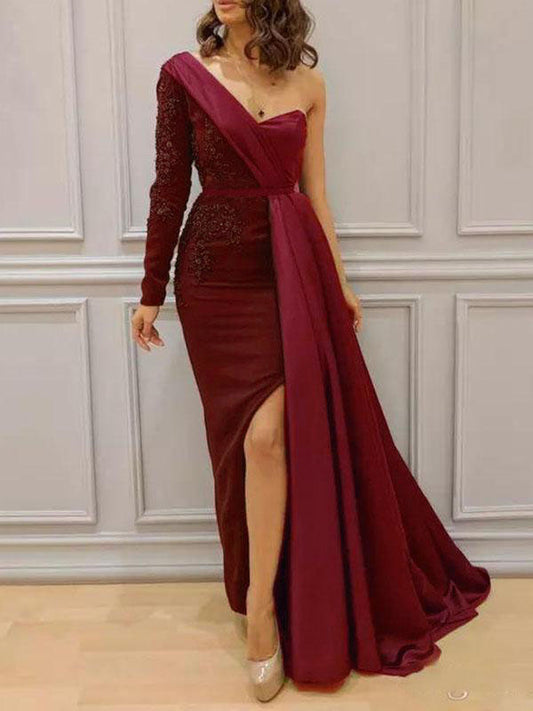 Patchwork One Shoulder Side Slit Long Sleeve Maxi Dress Women's Fashion Evening Dress