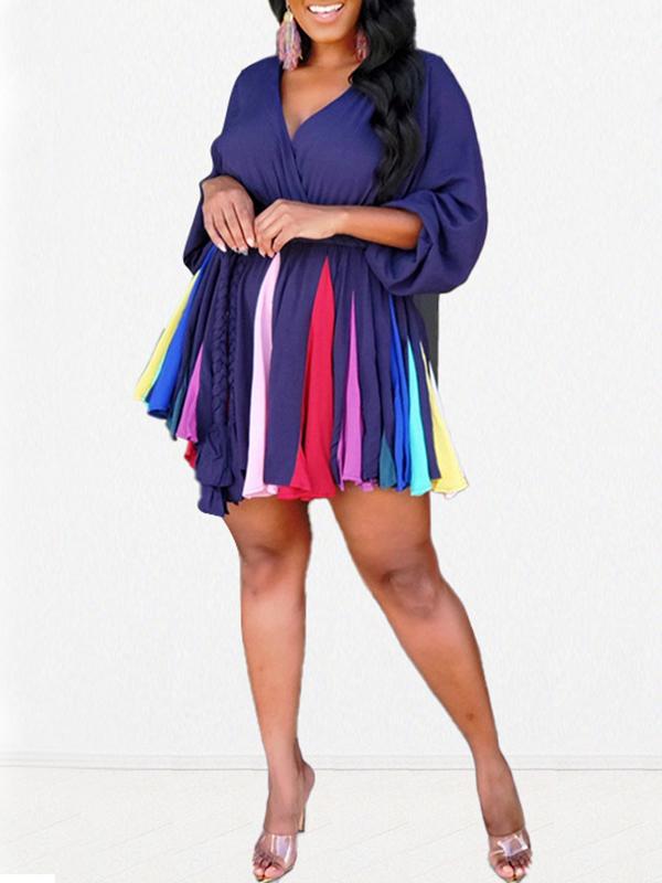 Rainbow Belt Ruffle Plus Size Vneck Long Sleeve Maternity Mini Dress