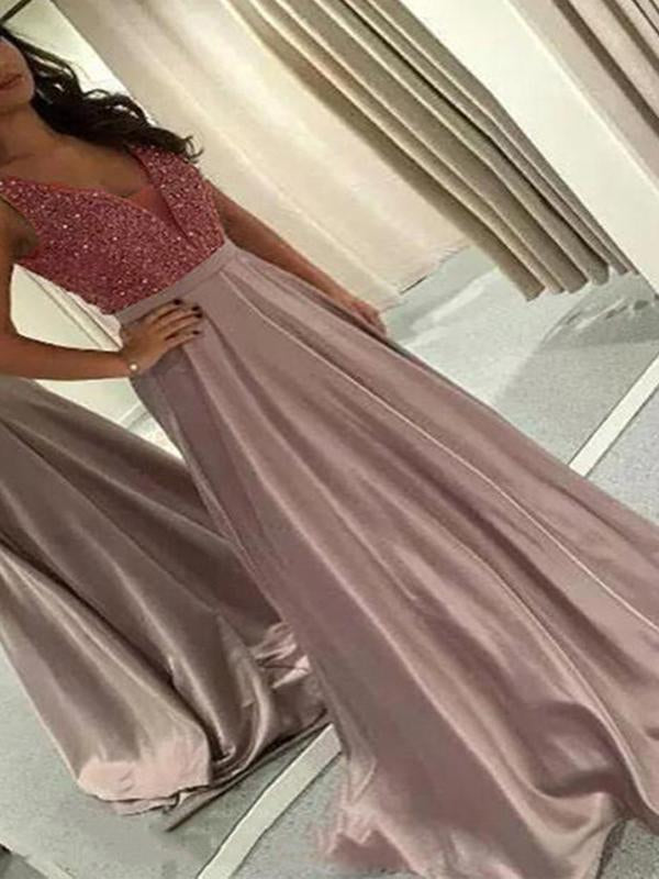 Patchwork Sequins Deep V-Neck Sleeveless A-Line Maxi Dress Women Fashion Elegant Dress