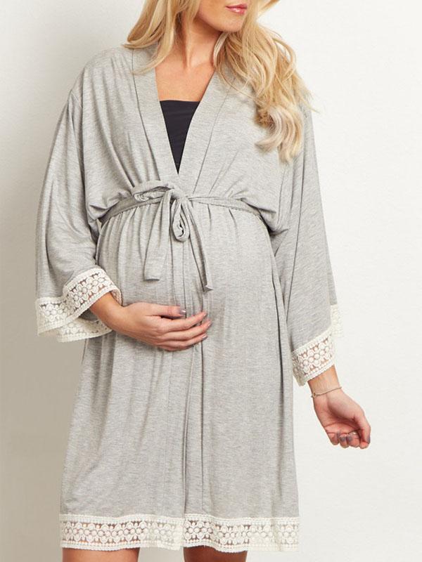 Seindeal Lace Nursing Nightdress Long Sleeve Maternity Pajama Kimono Sleepwear Dress