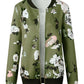 Army Green Floral Zipper Round Neck Long Sleeve Women Jackets Bomber Jacket