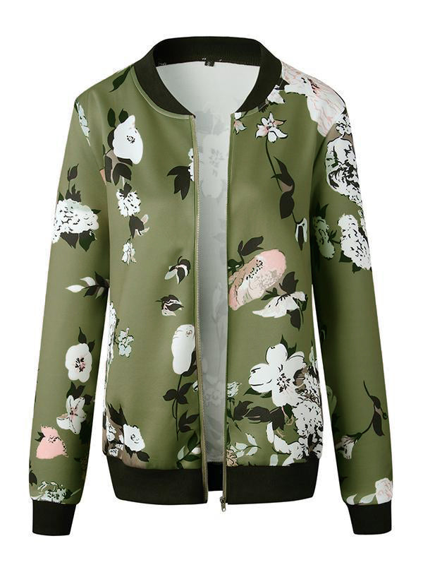 Army Green Floral Zipper Round Neck Long Sleeve Women Jackets Bomber Jacket