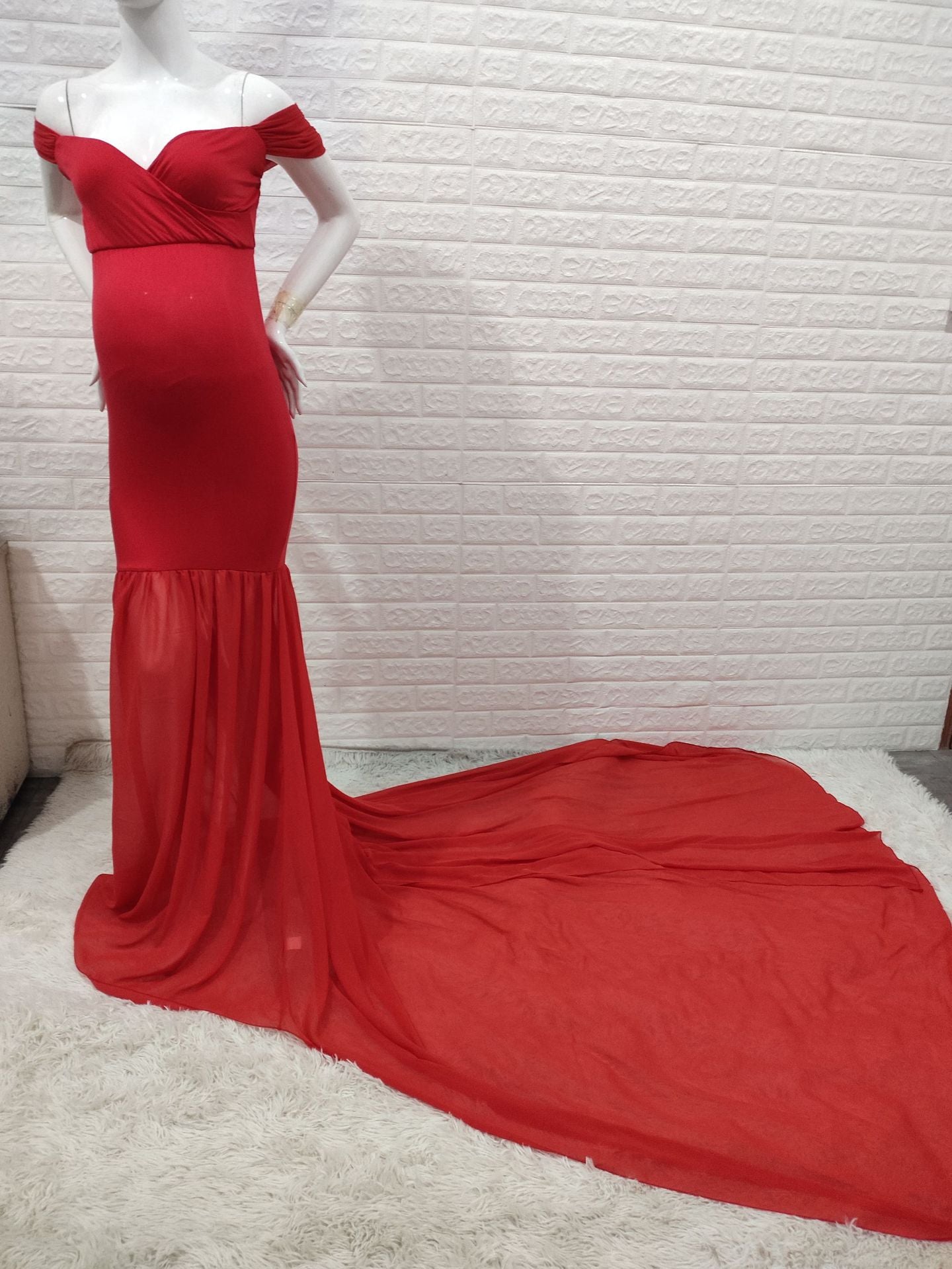 Seindeal Flowy Chiffon Draped Off-shoulder Baby Shower Red Maternity Dresses for Photoshoot