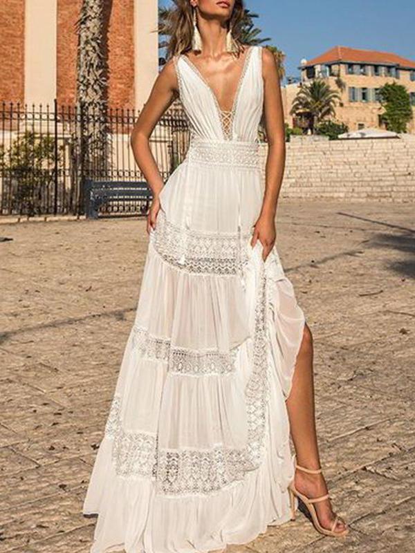 Lace V Neck Sleeveless Women Maxi Dresses Summer Dress