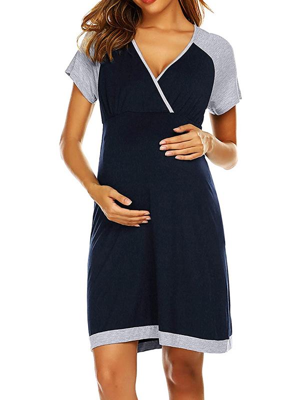 Seindeal Draped V-neck Short Sleeve Maternity Nursing Pajama Mini Dress