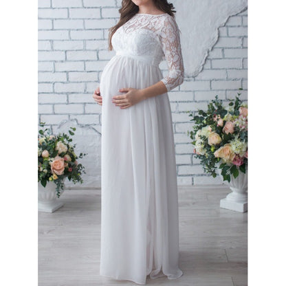 Seindeal Long Sleeve Lace Maternity Maxi Dress for Wedding Guest White Patchwork Belt Elegant