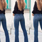 Seindeal Blue Solid Color Pockets High Waist Women's Flare Trousers Jeans