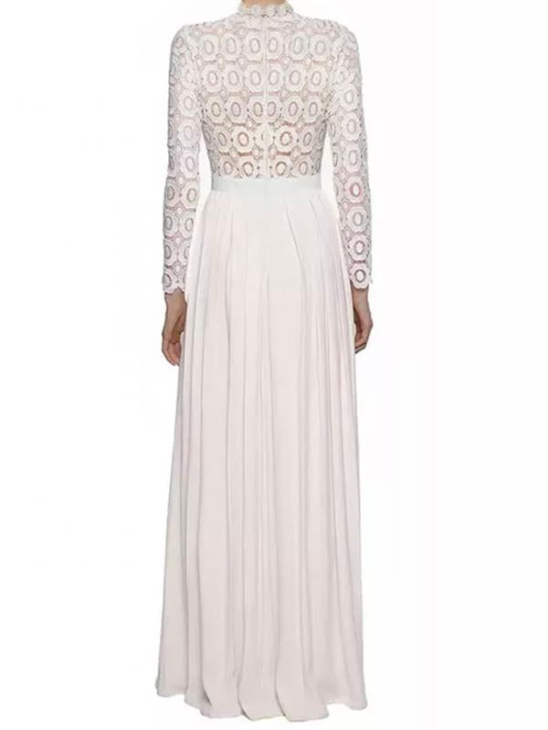 Seindeal Wedding Lace Band Collar Long Sleeve Pleated Maxi Maternity Dress for Wedding Guest