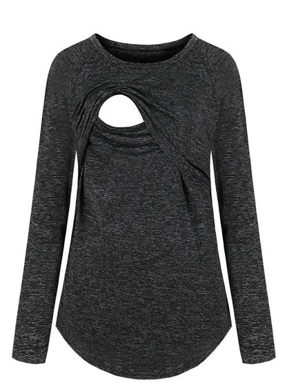 Seindeal Solid Round Neck Long Sleeve Nursing Maternity T-Shirt