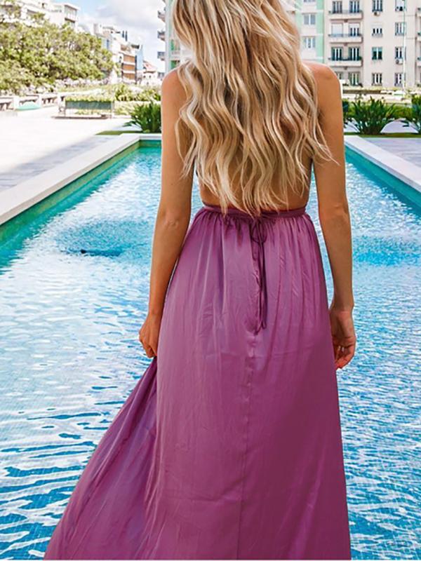 Solid Backless Tie Back Slit Flowy Plunging Neckline Sleeveless Maternity Maxi Dress